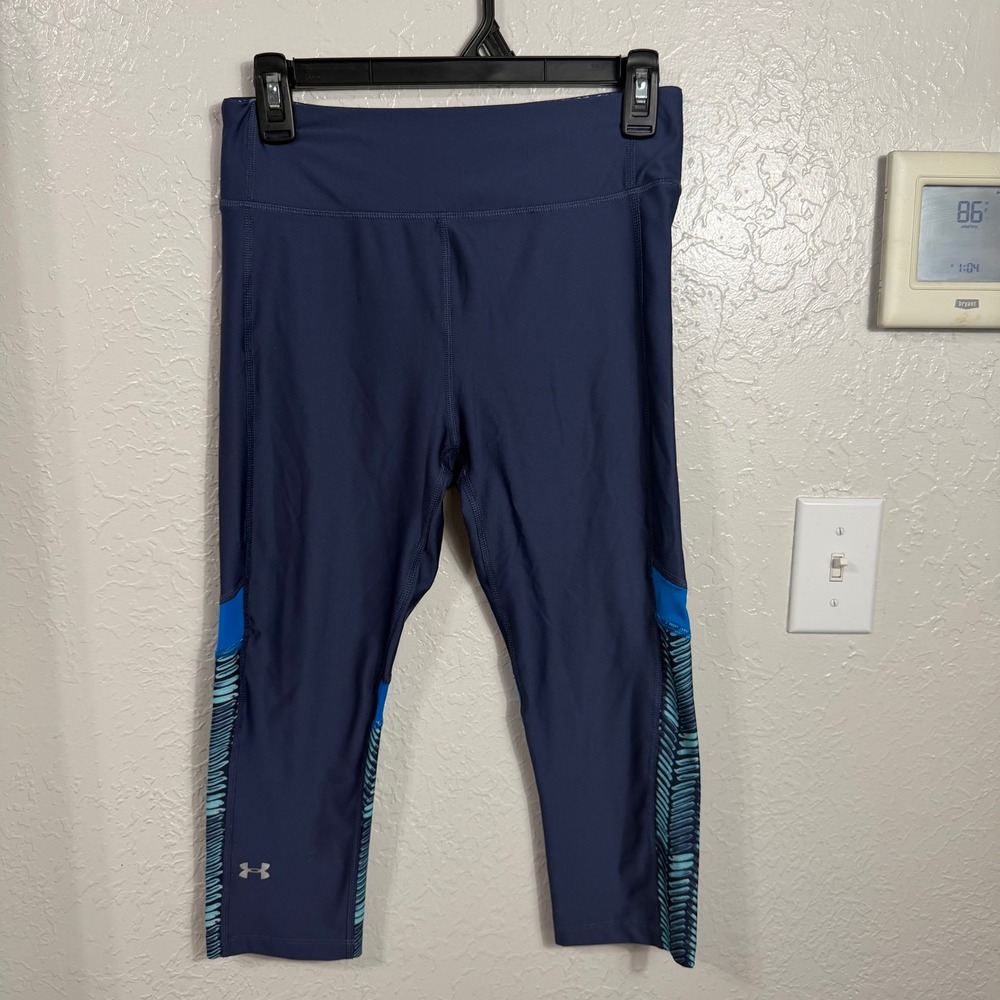 Under Armour HeatGear Compression Capri Leggings Navy Blue Teal Chevron Womens M